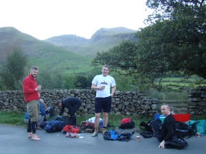 A tired bunch of lads after the ascent of Scafell Pike
